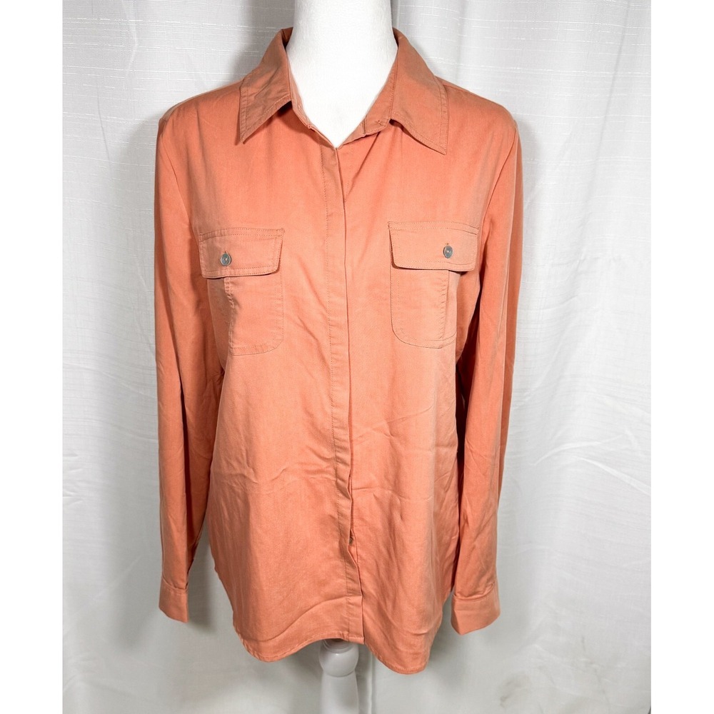 Chicos Blouse 1 US 8 Top Button Up Long Sleeve Roll Tab Collared Apricot/Orange